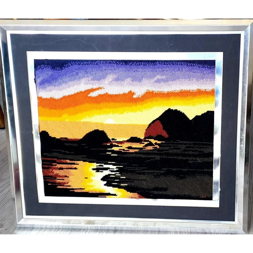Sunset Ocean Cove Needlepoint Homemade‎ Silver Frame Matted